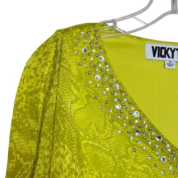 Vicky Tiel Green Snake Print Tiered Handkerchief Dress Size M Chiffon Rhinestone - Picture 9 of 12